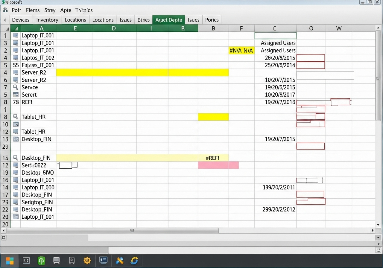 Complex Excel asset tracking spreadsheet with device inventory, dates, and manual data entry highlighting inefficient device management