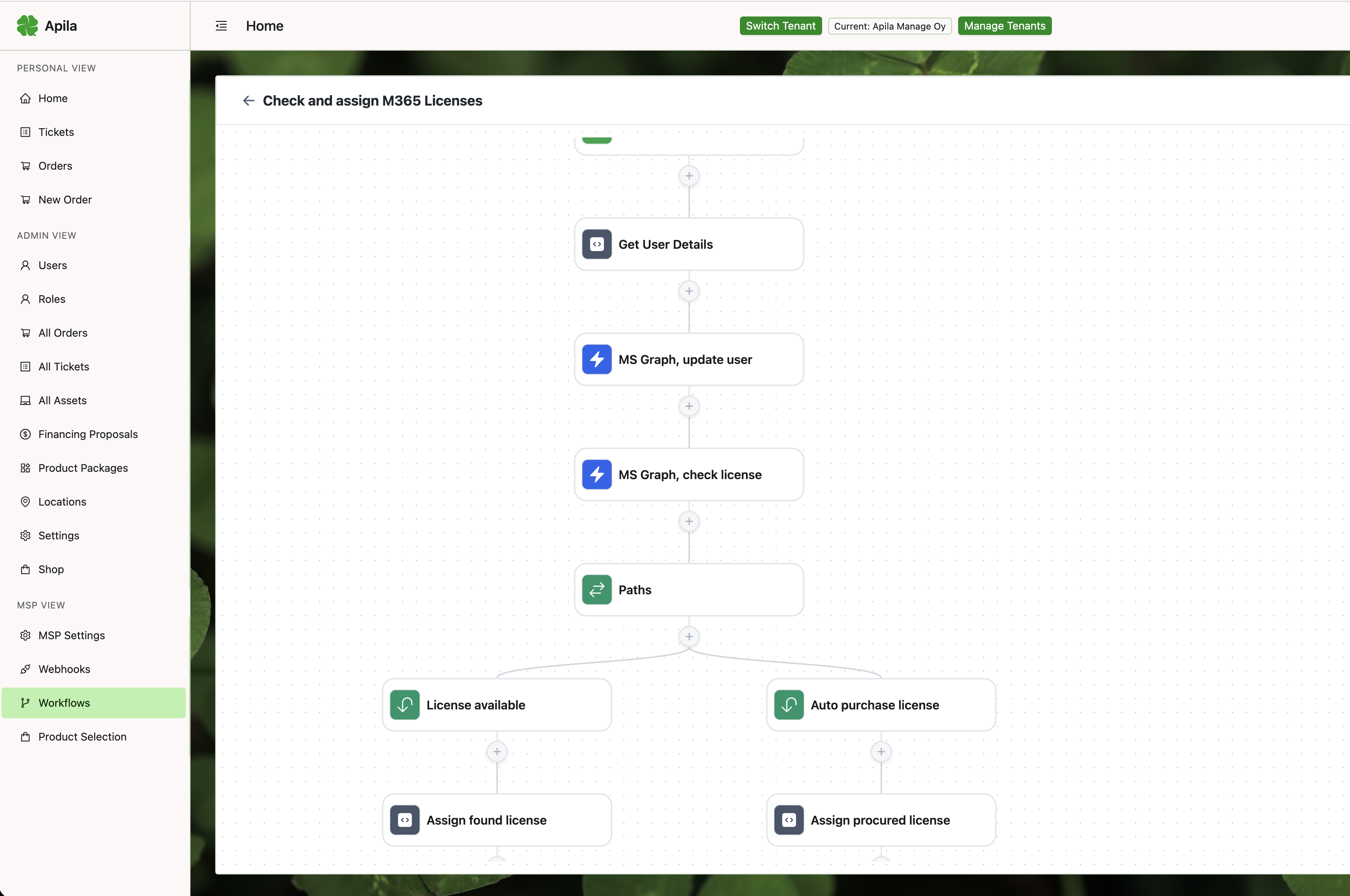 Apila visual workflow builder showing automated license assignment flow